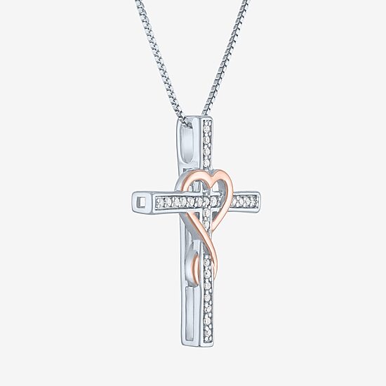 Womens 1/10 CT. T.W. Natural White Diamond 14K Rose Gold Over Silver Sterling Silver Cross 18 Inch Pendant Necklace