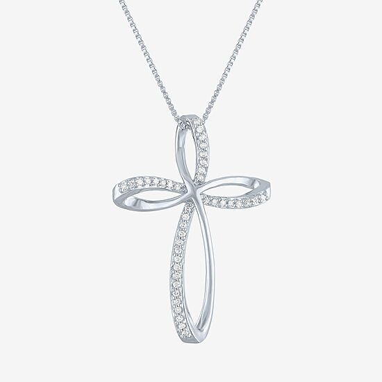 Womens 1/10 CT. T.W. Natural White Diamond Sterling Silver Cross 18 Inch Pendant Necklace