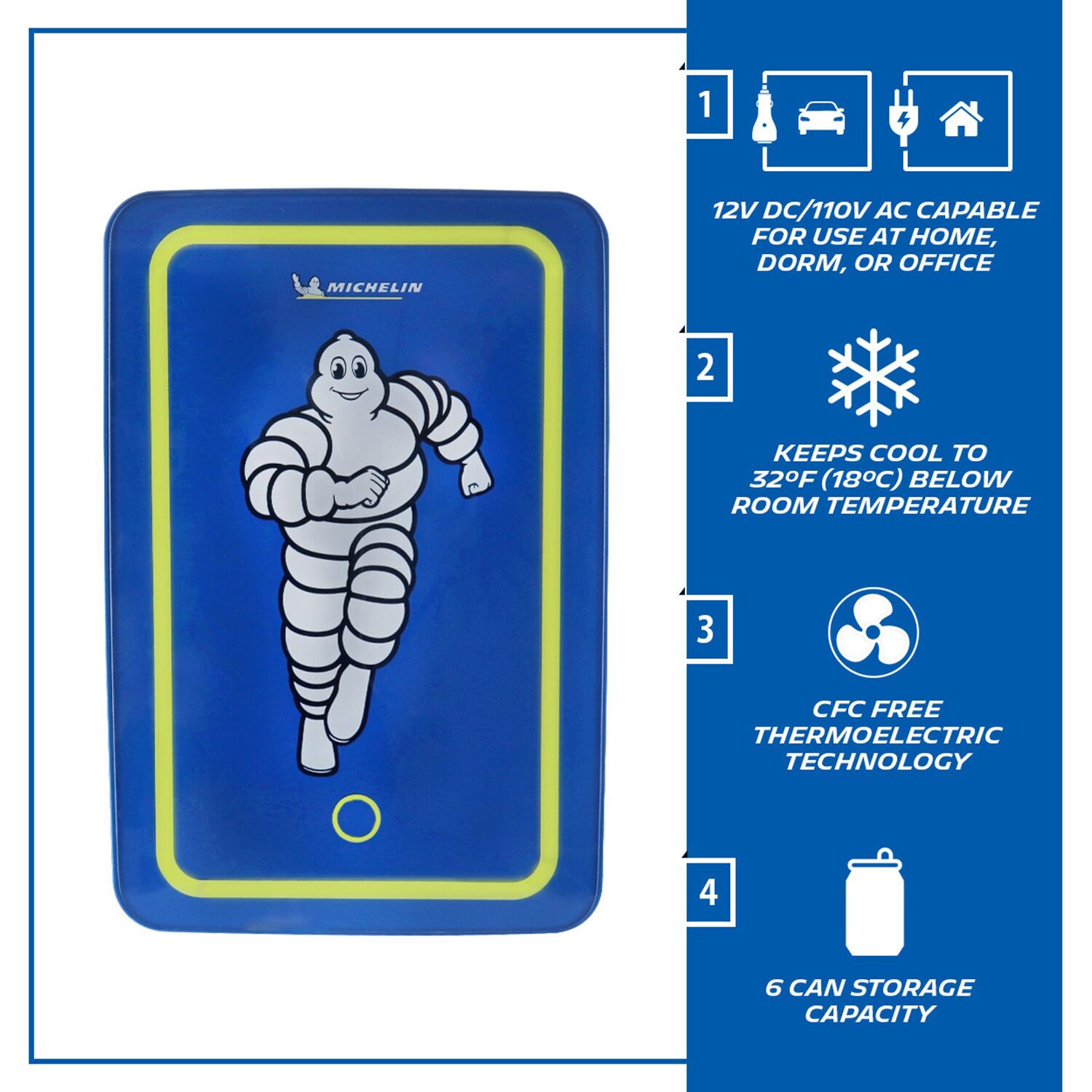 Michelin Portable 6 Can 12V Mini Fridge with LED Door Light, 6L (6.3 qt) AC/DC Cooler, Blue
