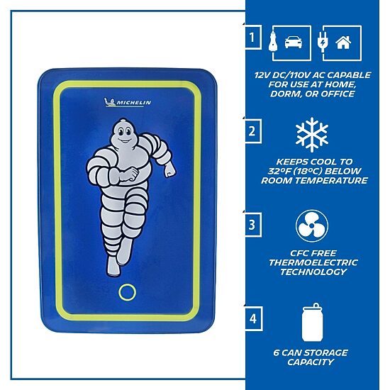Michelin Portable 6 Can 12V Mini Fridge with LED Door Light, 6L (6.3 qt) AC/DC Cooler, Blue