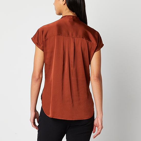 Worthington Womens Henley Neck Short Sleeve Satin Blouse
