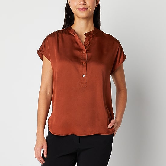 Worthington Womens Henley Neck Short Sleeve Satin Blouse
