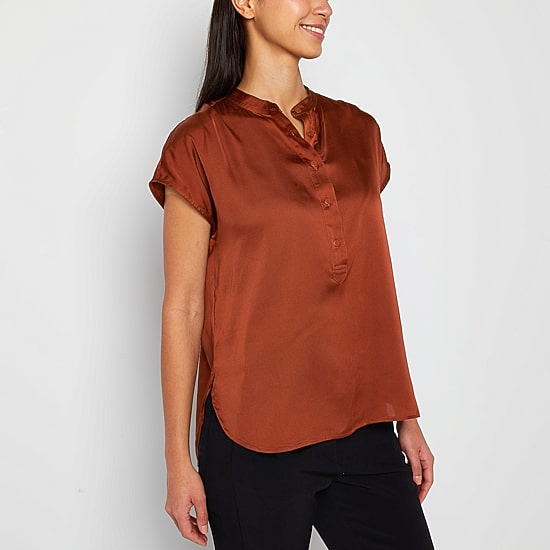 Worthington Womens Henley Neck Short Sleeve Satin Blouse
