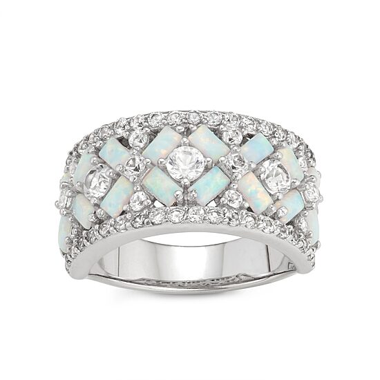 Womens 6MM Lab Created White Opal Sterling Silver Band