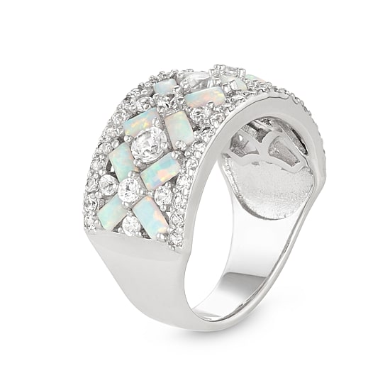 Womens 6MM Lab Created White Opal Sterling Silver Band