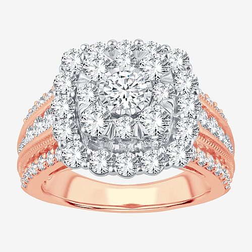 (I / Si1-Si2) Womens 3 CT. T.W. Lab Grown White Diamond 10K Gold Cushion Side Stone Halo Engagement Ring, 8, Rose