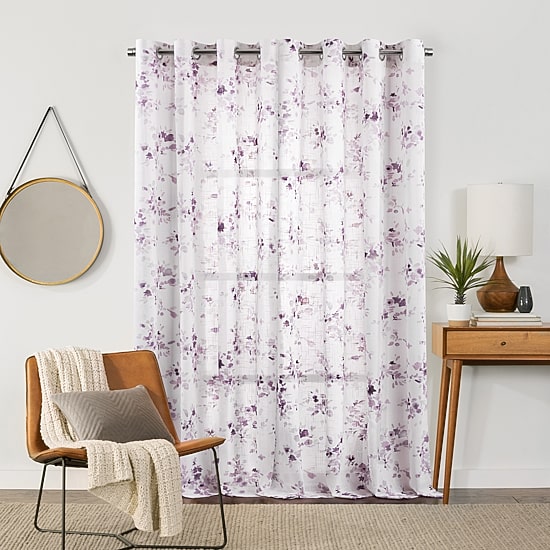 Fieldcrest Arden Watercolor Bouquet Cotton Grommet Top Sheer Single Curtain Panel