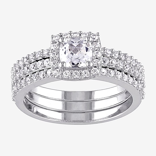 Modern Bride Gemstone Womens Diamond Accent Lab Created White Sapphire Sterling Silver Cushion Halo Bridal Set