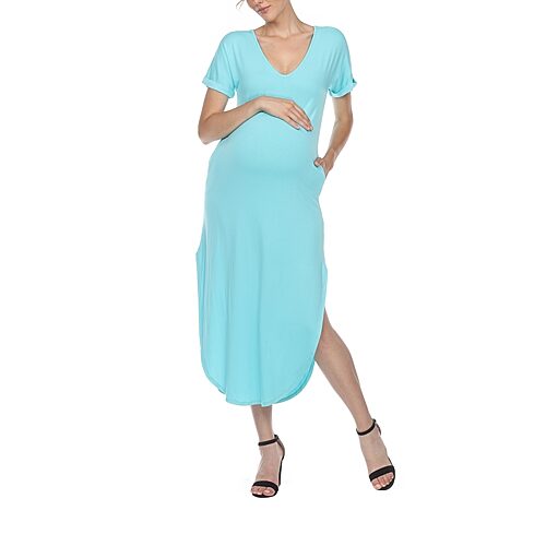 White Mark Womens Maternity Short Sleeve Midi T-Shirt Dress, Small, Blue