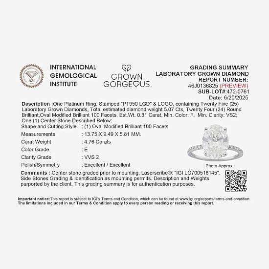 Grown Gorgeous (F, Vs2) Womens 4 7/8 Ct. T.W. Lab Grown White Diamond 14K Gold or Platinum Oval Side Stone Engagement Ring
