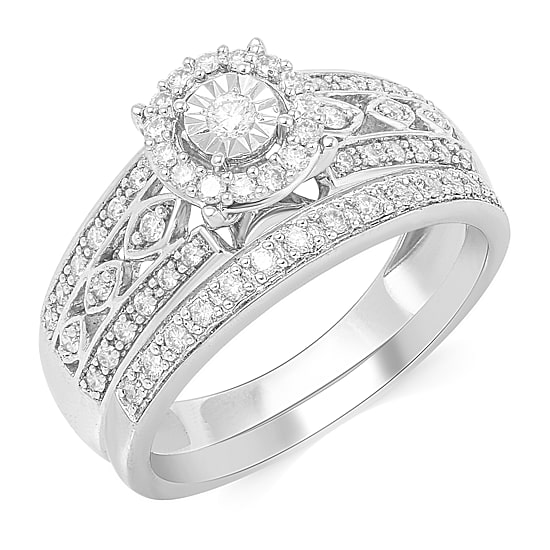 Womens 3/8 CT. T.W. Natural Diamond 10K Gold Round Side Stone Halo Bridal Set