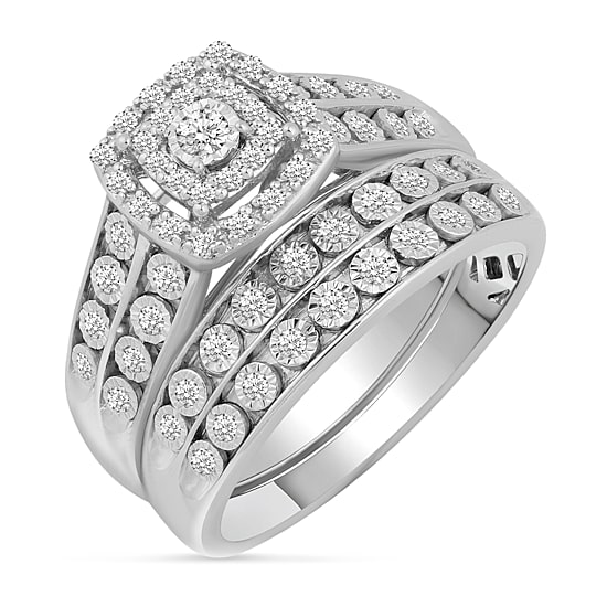 Womens 3/8 CT. T.W. Natural Diamond 10K Gold Cushion Side Stone Halo Bridal Set