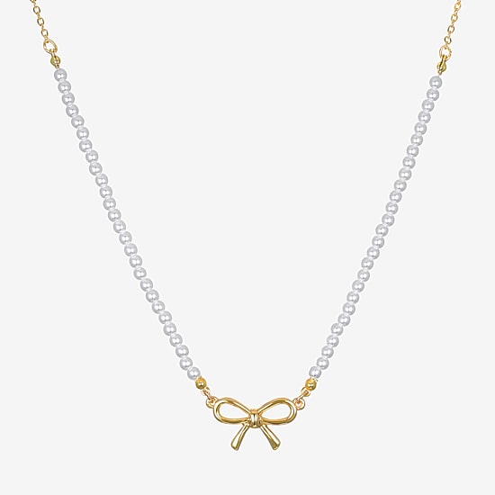 Bijoux Bar Delicates Gold Tone Womens Simulated Pearl Bow 16 Inch Pendant Necklace