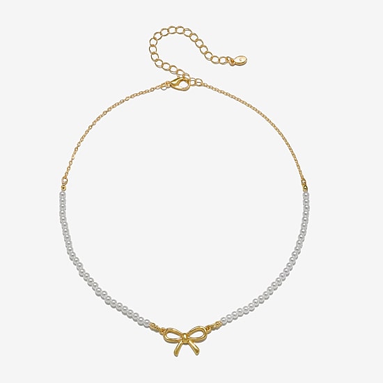 Bijoux Bar Delicates Gold Tone Womens Simulated Pearl Bow 16 Inch Pendant Necklace