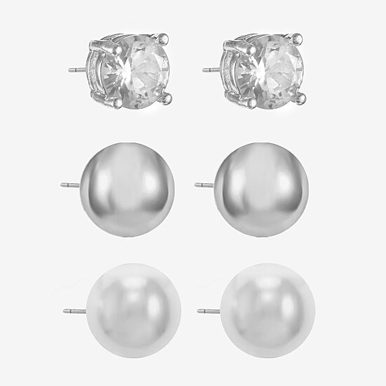 Monet® Simulated Pearl and Crystal Silver-Tone 3 pr. Stud Earring Set