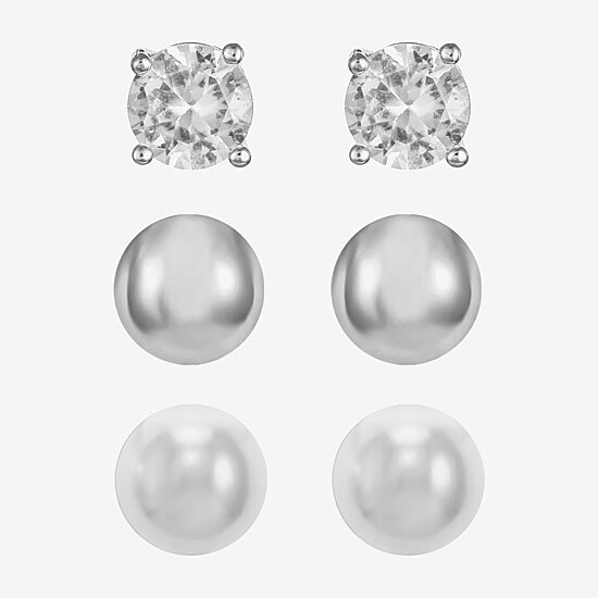 Monet® Simulated Pearl and Crystal Silver-Tone 3 pr. Stud Earring Set