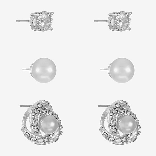Monet Jewelry Timeless Womens Simulated Pearl Hypoallergenic 3 Pair Earring Set