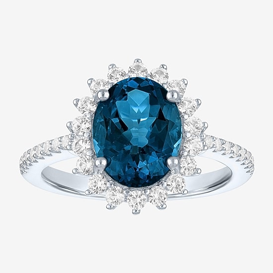 Womens Genuine Blue Topaz Sterling Silver Oval Halo Side Stone Cocktail Ring