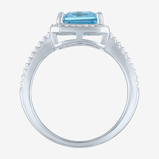 Womens Genuine Blue Topaz Sterling Silver Halo Side Stone Cocktail Ring