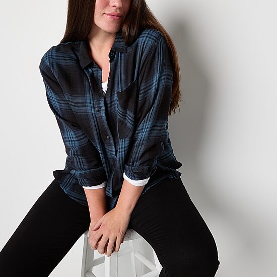 a.n.a Plaid Womens Long Sleeve Blouse