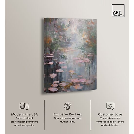 ART REMEDY® "Pink Impressionisty Lilypads" Giclee Nature And Landscape Canvas Art