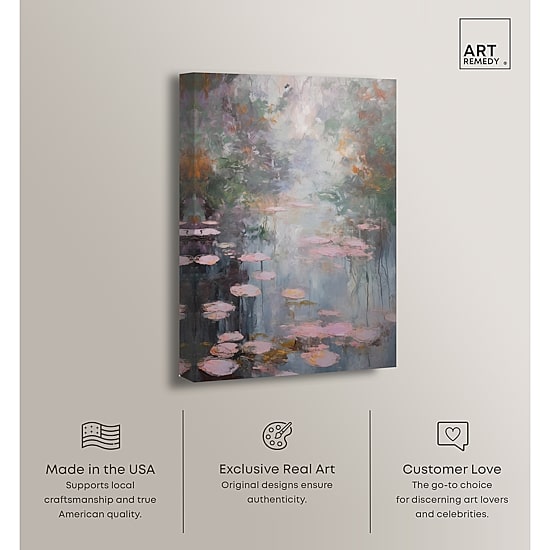 ART REMEDY® "Pink Impressionisty Lilypads" Giclee Nature And Landscape Canvas Art