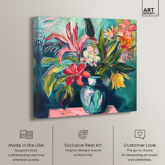 ART REMEDY® "Vase Of Bright Tropical Flowers" Giclee Floral And Botanical Canvas Art