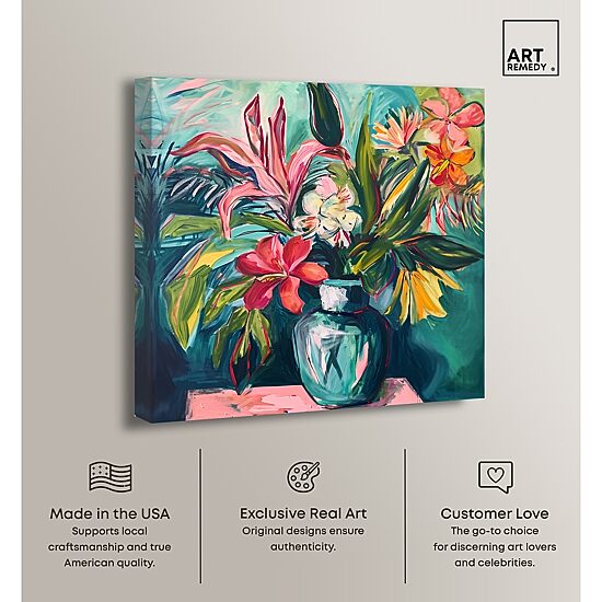 ART REMEDY® "Vase Of Bright Tropical Flowers" Giclee Floral And Botanical Canvas Art