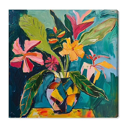 ART REMEDY® "Vase Of Bright Tropical Flowers Ii" Giclee Floral And Botanical Canvas Art