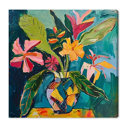 ART REMEDY® "Vase Of Tropical Flowers Ii" Giclee Floral And Botanical Canvas Art