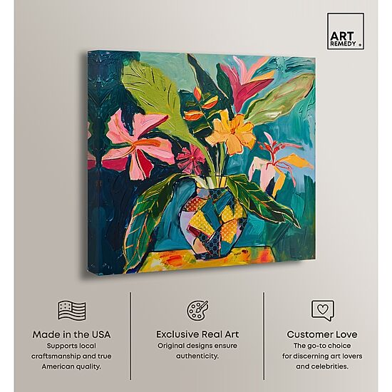 ART REMEDY® "Vase Of Tropical Flowers Ii" Giclee Floral And Botanical Canvas Art