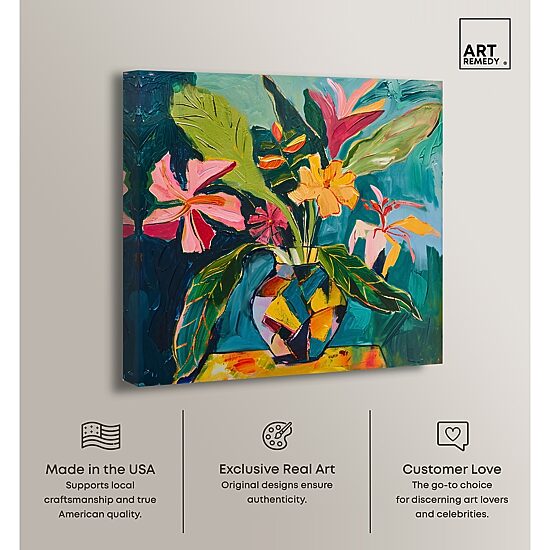 ART REMEDY® "Vase Of Bright Tropical Flowers Ii" Giclee Floral And Botanical Canvas Art
