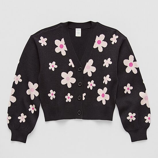 Thereabouts Little & Big Kid Girls V Neck Long Sleeve Button Floral Cardigan