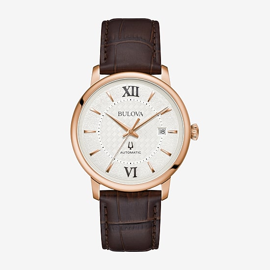 Bulova Mens Automatic Brown Leather Strap Watch 97b225