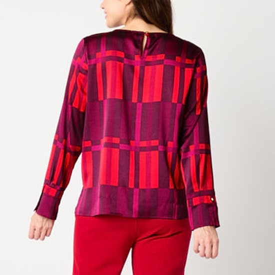 Liz Claiborne Womens Crew Neck Long Sleeve Satin Blouse