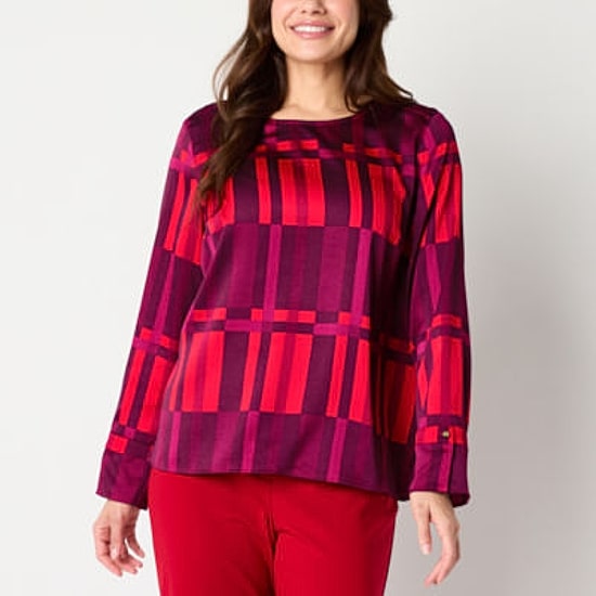 Liz Claiborne Womens Crew Neck Long Sleeve Satin Blouse