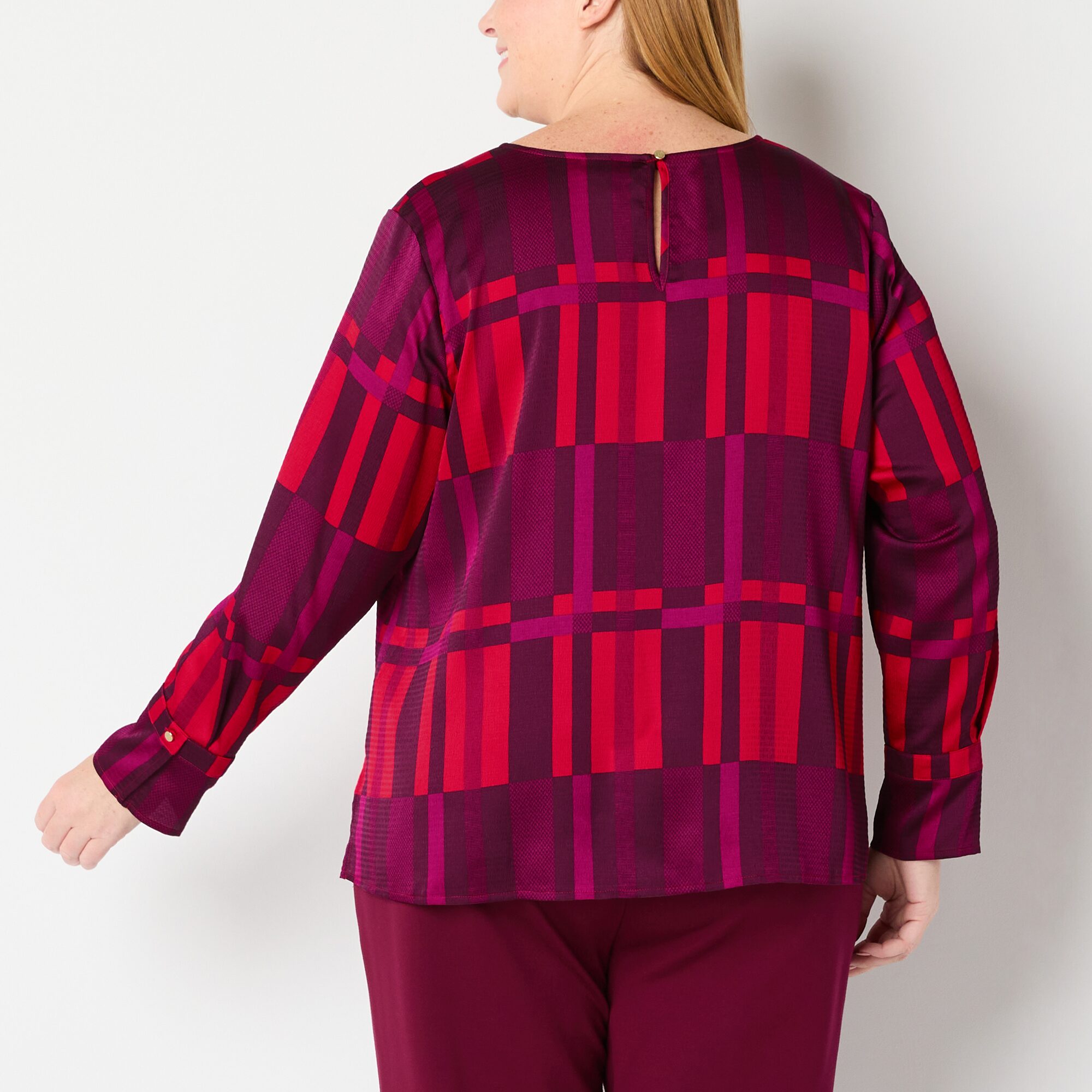 Liz Claiborne Womens Plus Round Neck Long Sleeve Satin Blouse