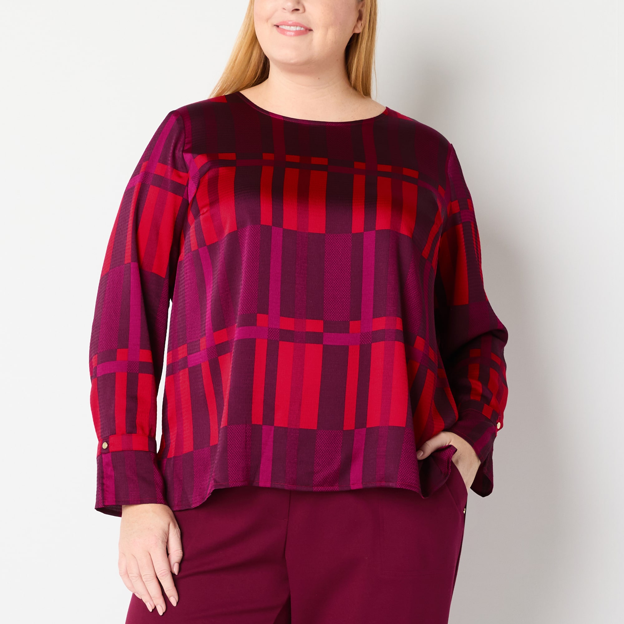 Liz Claiborne Womens Plus Round Neck Long Sleeve Satin Blouse