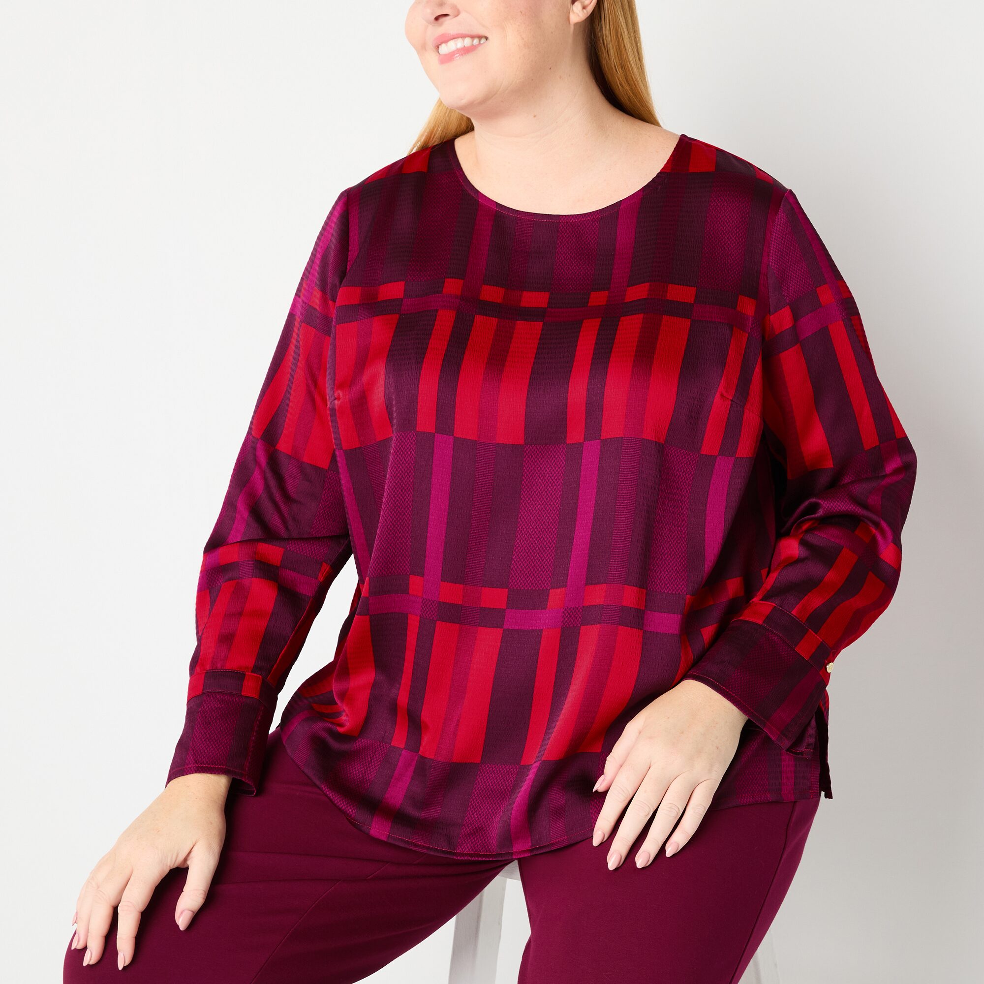 Liz Claiborne Womens Plus Round Neck Long Sleeve Satin Blouse
