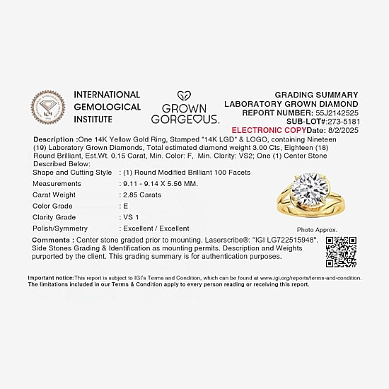 Grown Gorgeous F, Vs2 Womens 3 CT. T.W. Lab Grown White Diamond 14K Gold or Platinum Round Engagement Ring