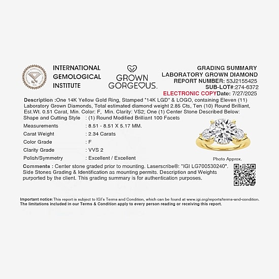 Grown Gorgeous (F, Vs2) Womens 2 3/4 CT. T.W. Lab Grown White Diamond 14K Gold or Platinum Round Side Stone 3-Stone Engagement Ring