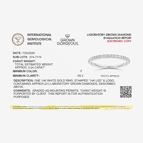 Grown Gorgeous (F,Vs2) Womens 1/4 CT. T.W. Lab Grown White Diamond 14K Gold Wedding Band