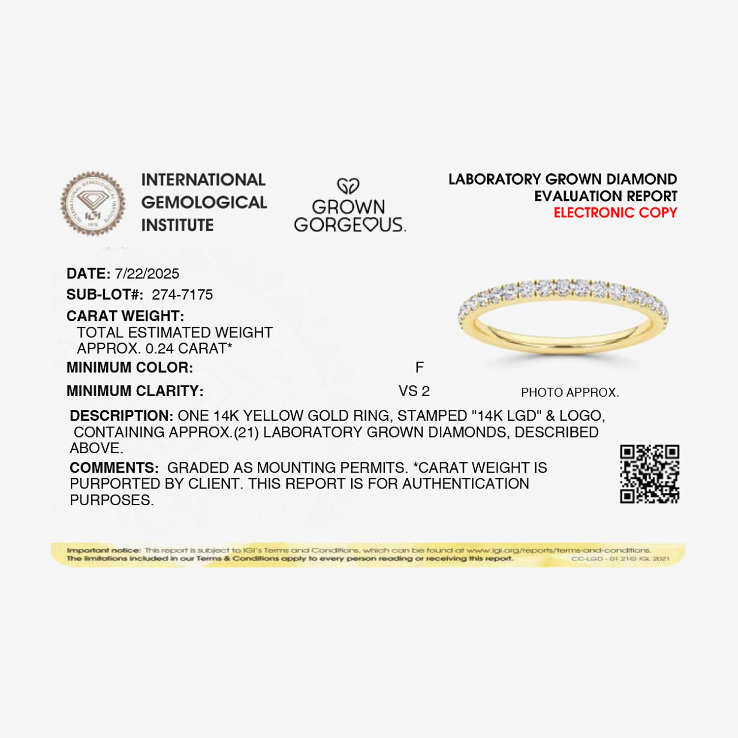 Grown Gorgeous (F,Vs2) Womens 1/4 CT. T.W. Lab White Diamond 14K Gold Wedding Band