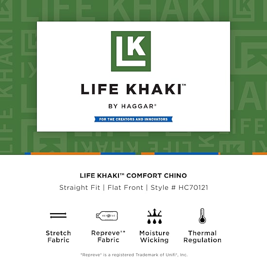 Haggar Life Khaki Comfort Chino Mens Straight Fit Flat Front Pant