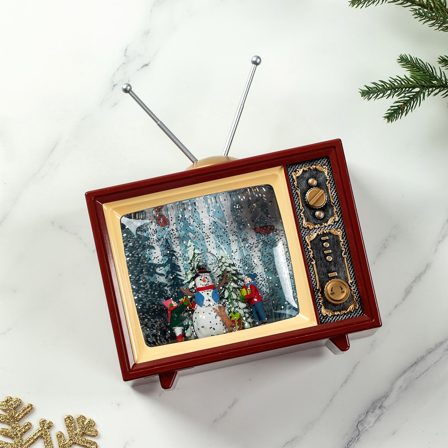 Glitzhome 7.5" Lighted Tv With Snowman Christmas Snow Globe