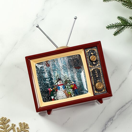 Glitzhome 7.5" Lighted Tv With Snowman Christmas Snow Globe