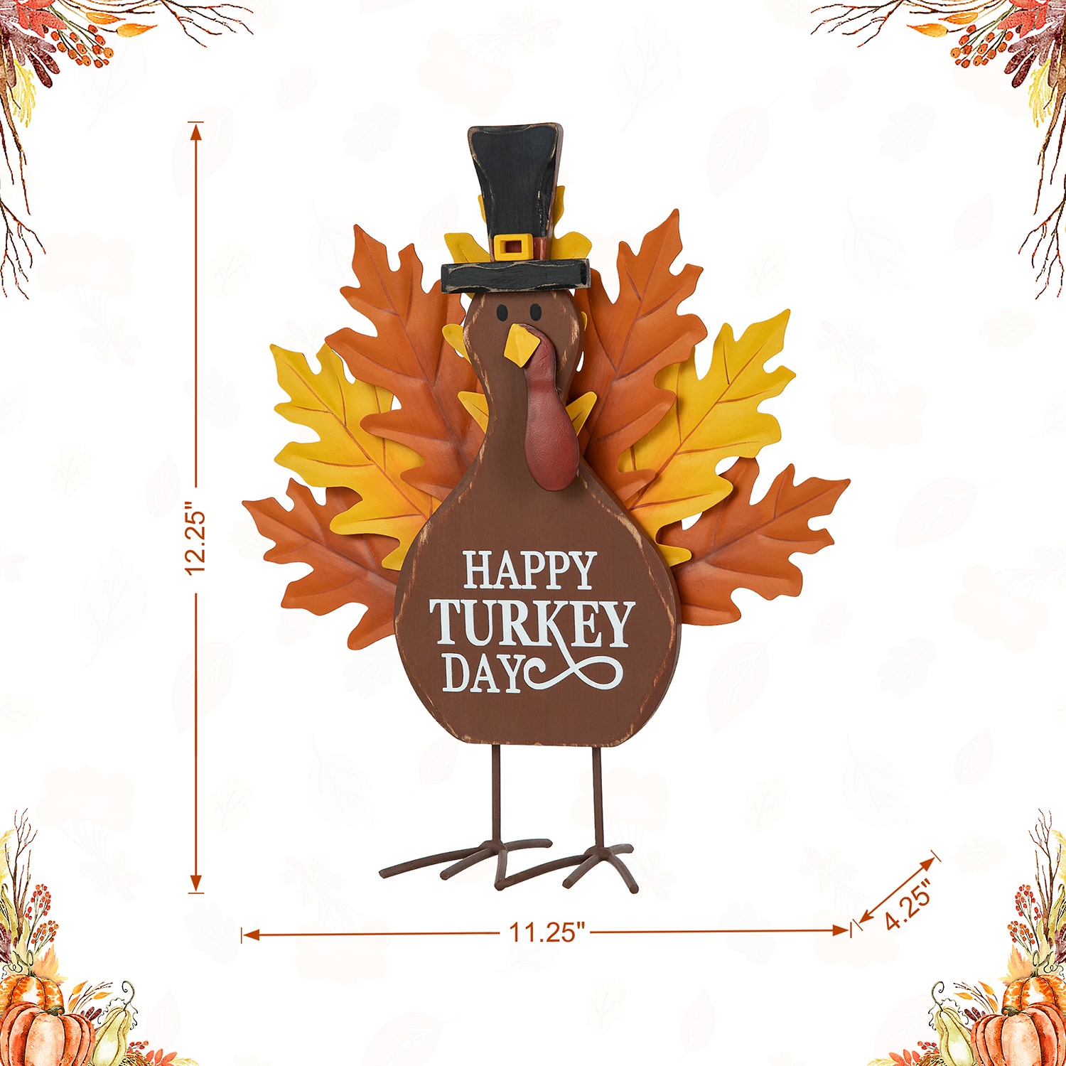 Glitzhome 12.25" Wooden & Metal Turkey Thanksgiving Tabletop Decor