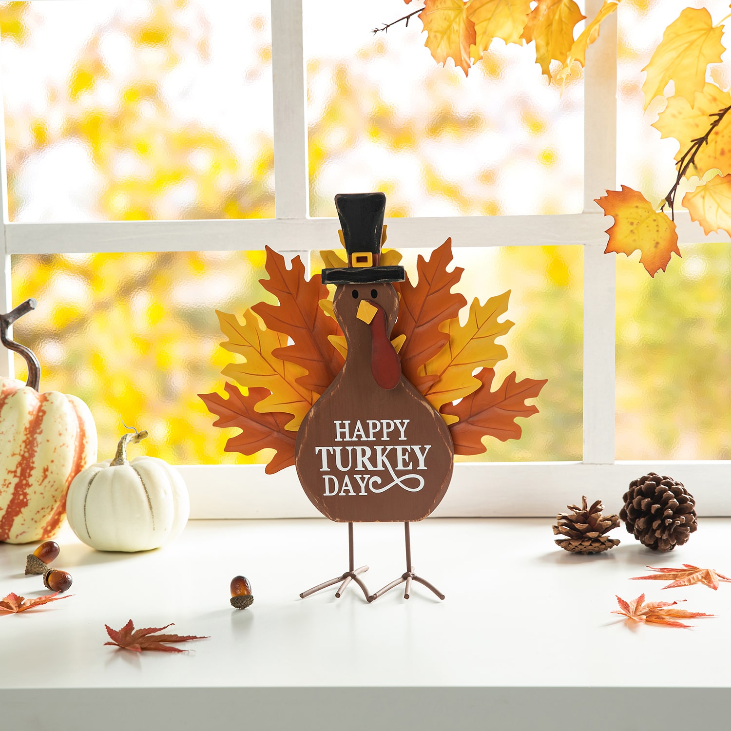 Glitzhome 12.25" Wooden & Metal Turkey Thanksgiving Tabletop Decor