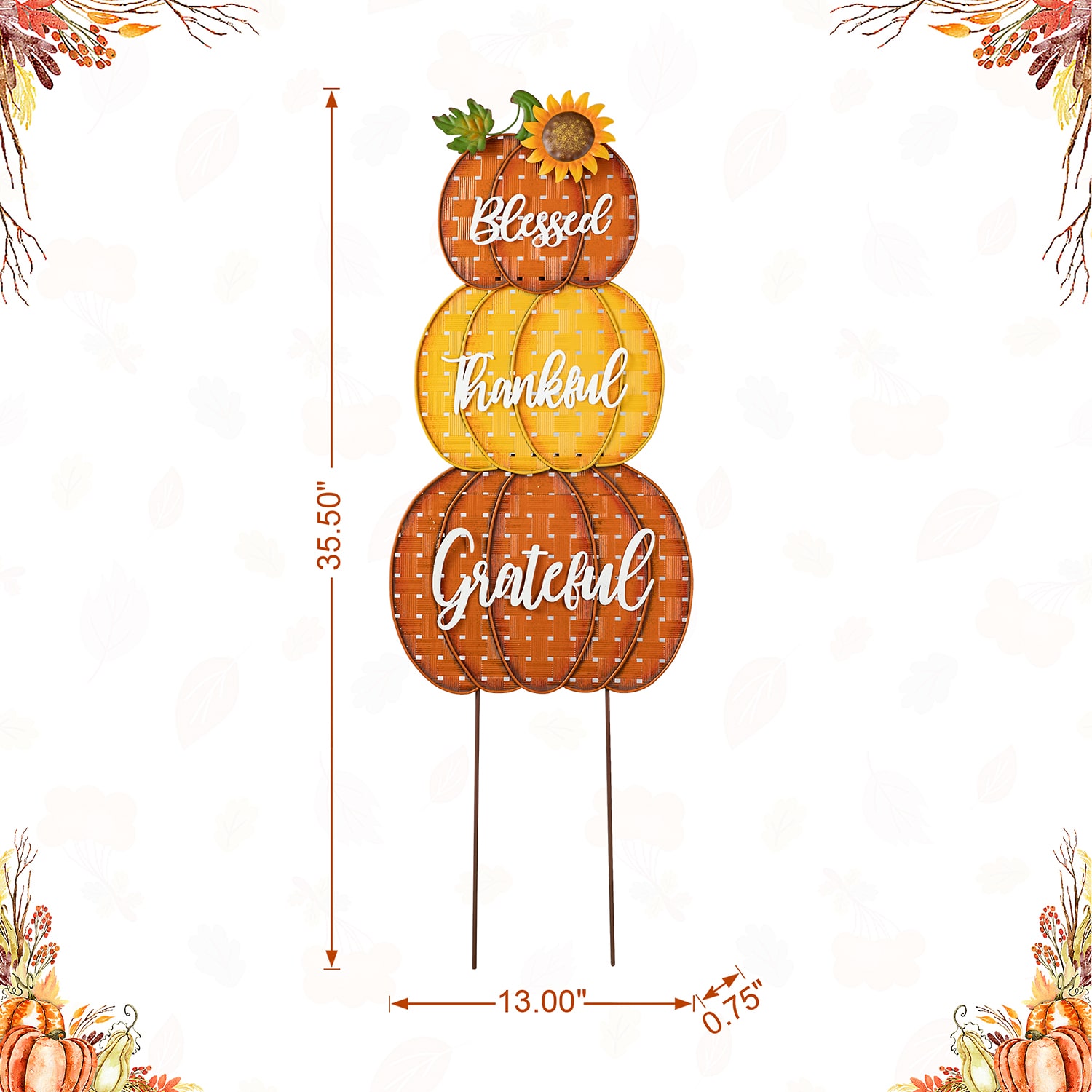 Glitzhome "35.5"" Metal Stacked Pumpkins" Thanksgiving Yard Art