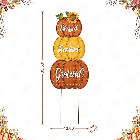 Glitzhome "35.5"" Metal Stacked Pumpkins" Thanksgiving Yard Art
